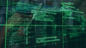 Senior man tapping tablet in tech office, transparent grid overlay flowing while reviewing code. Technology, programming, cybersecurity, innovation, digital, workspace, professional - Powered by Shutterstock - Get 15% off with code: PIKWIZARD15