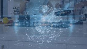 Woman tapping phone loading recipe for meal pouring oil man adjusting pan under tech globe overlay. Collaboration, technology, innovation, modern, cuisine, digital, partnership - Powered by Shutterstock - Get 15% off with code: PIKWIZARD15