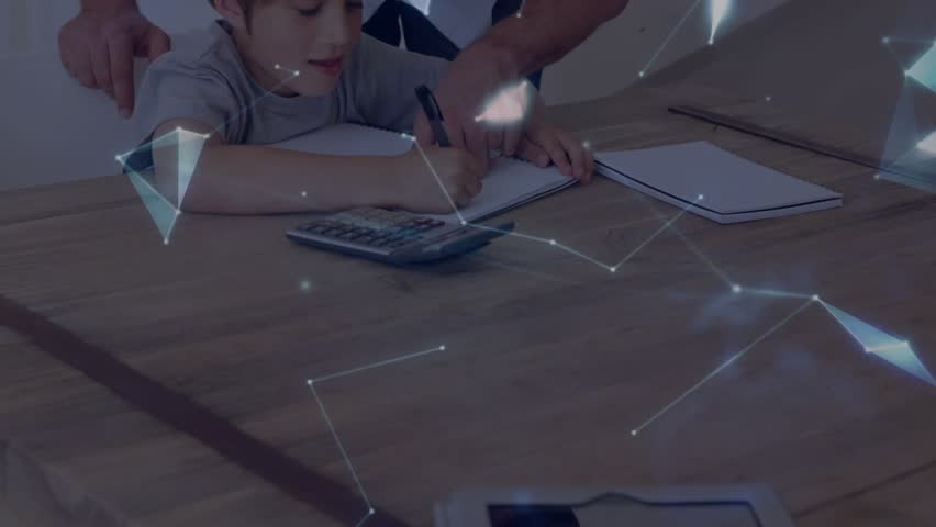 Boy writing at desk summoning network nodes into rotating globe for education while father guiding. Children, mentorship, innovation, digital, learning, education, collaboration - Powered by Shutterstock - Get 15% off with code: PIKWIZARD15