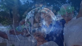 Seniors celebrating in backyard while digital globe animating technology connections around them. Elderly, friendship, connectivity, outdoor, leisure, innovative, community - Powered by Shutterstock - Get 15% off with code: PIKWIZARD15