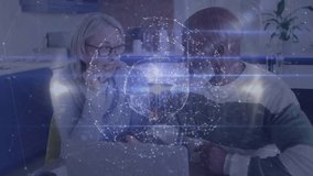 Business colleagues leaning into laptop as emerging globe overlay guiding business planning. Technology, collaboration, innovation, urban, concentration, professional, digital - Powered by Shutterstock - Get 15% off with code: PIKWIZARD15