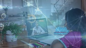 Child student opening laptop as remote lesson starting, raising hand while network nodes animating. Distance learning, digital education, home classroom, online instruction, youth, connectivity - Powered by Shutterstock - Get 15% off with code: PIKWIZARD15