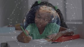 child sketching with green pencil at desk, activating globe animation illustrating global learning. Education, innovation, technology, creativity, focus, intellectual, learning - Powered by Shutterstock - Get 15% off with code: PIKWIZARD15