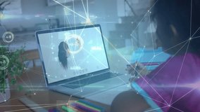 Girl clicking pen, starting virtual lesson on laptop, teacher drawing as network lines linking pen. Digital learning, remote education, online classroom, virtual instruction, e-learning, home studying - Powered by Shutterstock - Get 15% off with code: PIKWIZARD15