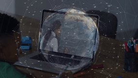 Boy opening laptop to learn math, watching teacher drawing graphs with globe overlay pulsing. Education, e-learning, connectivity, digital, virtual, academic, instructional - Powered by Shutterstock - Get 15% off with code: PIKWIZARD15