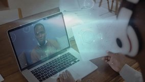 Colleagues starting remote business meeting, holding chart, typing notes amid floating data nodes. Collaboration, technology, communication, data visualization, remote working, professional, modern - Powered by Shutterstock - Get 15% off with code: PIKWIZARD15