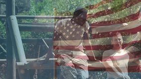 Trainee turning to partner, swinging leg onto beam and perching for military training, flag overlay. Adventure, camaraderie, resilience, outdoor, teamwork, athleticism, challenge - Powered by Shutterstock - Get 15% off with code: PIKWIZARD15