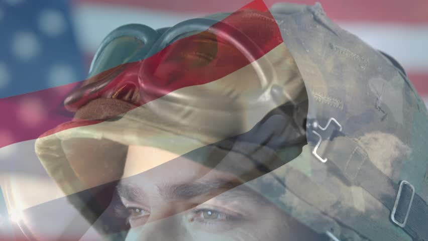 Initiating flag stripes drifting across face while male soldier holding gaze showing military unity. Patriotism, determination, strength, resilience, military, valor, disciplined