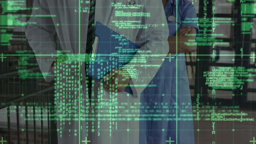 Green code shifting, uncovering physician holding blue folder and nurse smiling in medical context. Cybersecurity, healthcare, digital, teamwork, innovation, technology, professionalism - Powered by Shutterstock - Get 15% off with code: PIKWIZARD15