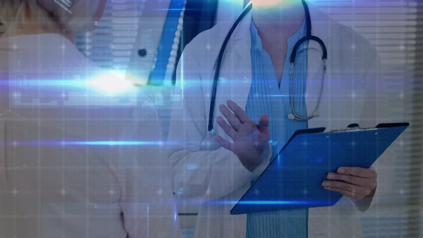 Female doctor entering medical office and reviewing patient file while blue glitch data growing. Healthcare, telemedicine, digital, futuristic, analysis, professionalism, technology - Powered by Shutterstock - Get 15% off with code: PIKWIZARD15