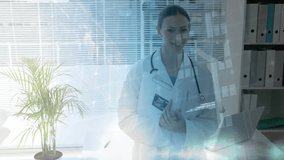 Doctor entering medical office as overlays materializing tapping hologram visualizing health data. Healthcare, telemedicine, futuristic, technology, innovation, professionalism, digital - Powered by Shutterstock - Get 15% off with code: PIKWIZARD15