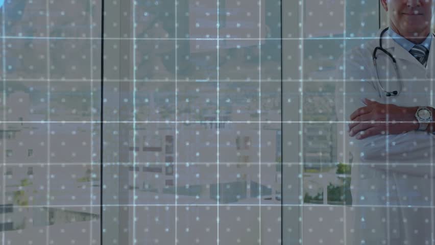 Holographic circle expanding and rotating arcs while doctor arms crossed monitoring health data. Futuristic, technology, healthcare, innovation, modern, digital, analytic - Powered by Shutterstock - Get 15% off with code: PIKWIZARD15