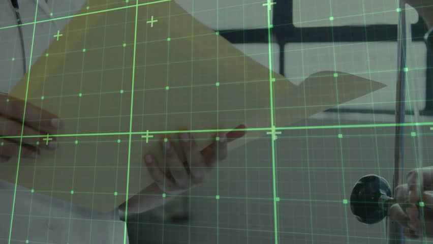 Medical professional with stethoscope flipping folder pages under green grid appearing for analysis. Healthcare, technology, diagnostics, augmented reality, professionalism, medical research - Powered by Shutterstock - Get 15% off with code: PIKWIZARD15