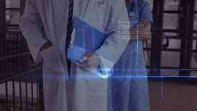 Medical team observing hologram flickering initiating data bars sliding into DNA helix for research. Healthcare, science, technology, research, innovation, biometric, futuristic - Powered by Shutterstock - Get 15% off with code: PIKWIZARD15