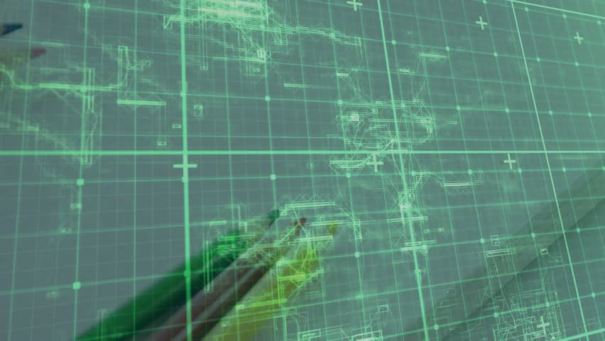 Hand entering with green pencil, sliding grid, pencils emerging and drifting, representing design. Creative process, illustration, technical drawing, artistic tools, innovation, inspiration