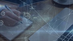 Network graphics fading on desk with laptop and coffee mug driving pen sketching data in notebook. Technology, innovation, workspace, data visualization, creativity, professional, modern - Powered by Shutterstock - Get 15% off with code: PIKWIZARD15