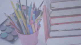 Faint network lines spreading across desk, linking pencils and books with glowing user icons. Creative workspace, digital connectivity, innovation, artistic, modern, minimalistic, technology - Powered by Shutterstock - Get 15% off with code: PIKWIZARD15