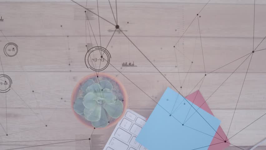 Overlay appearing on desk initiating network growth, linking nodes, pulsing gauges visualizing data. Technology, analytics, digital, innovation, data visualization, workspace, connectivity - Powered by Shutterstock - Get 15% off with code: PIKWIZARD15