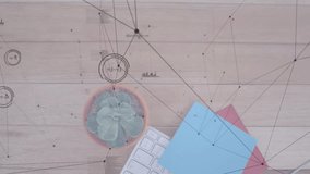 Overlay appearing on desk initiating network growth, linking nodes, pulsing gauges visualizing data. Technology, analytics, digital, innovation, data visualization, workspace, connectivity - Powered by Shutterstock - Get 15% off with code: PIKWIZARD15