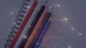 Fading in network pulsing nodes on notebook and pencils, erupting lens flare simulating data flow. Technology, creativity, innovation, digital, abstract, design, education - Powered by Shutterstock - Get 15% off with code: PIKWIZARD15