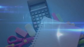 Digital interface appearing over notebook and stationery items, beaming nodes into network overlay. Technology, innovation, connectivity, data, design, futuristic, workspace - Powered by Shutterstock - Get 15% off with code: PIKWIZARD15