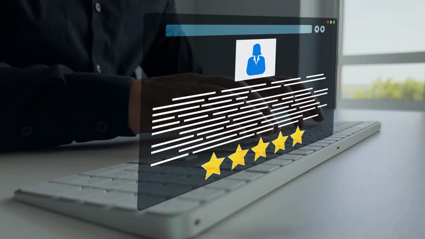 Online Job application and recruitment featuring a top rated candidate with five stars, representing outstanding skills, recognition,employability.Recruitment CV of employee profile performance.