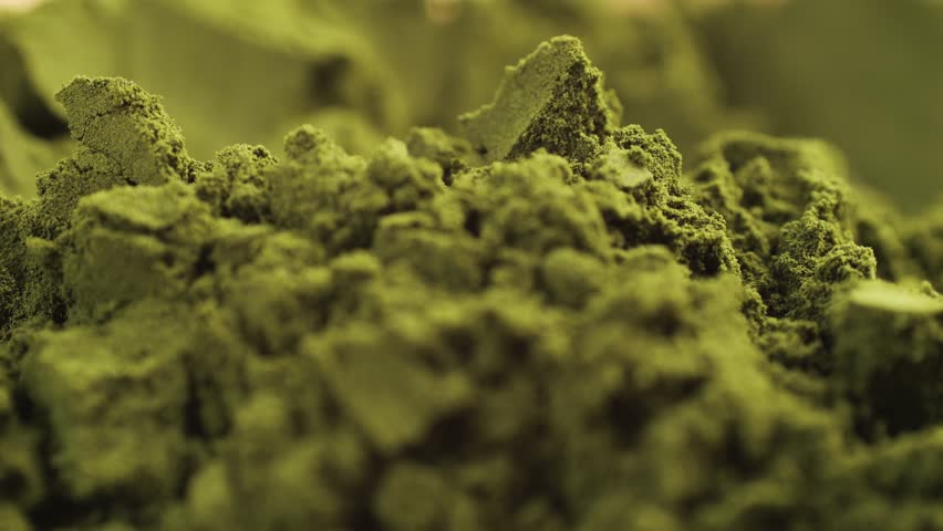 Green chlorella algae powder on a wooden spoon, top view. Healthy nutritional supplement.