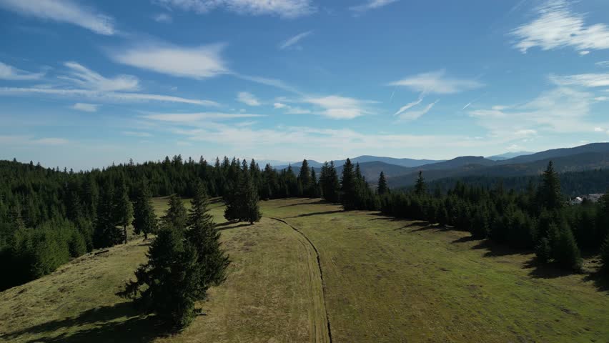 Aerial view captures a serene landscape: grassy fields, lush forest, and distant mountains under a bright blue sky with scattered clouds. A path winds through the meadow, adding depth.A peaceful scene
