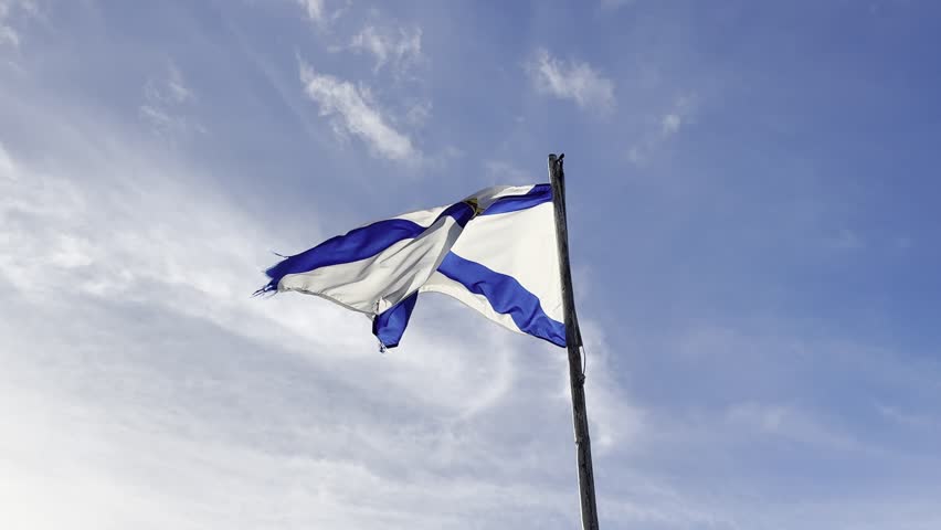 Close-up video of a waving Nova Scotia flag on a flagpole. The sky is blue with a few clouds in the background and the light is warm. The scene is viewed from below.