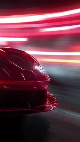 Close up of the headlights of a red sports car racing at high speed on neon highway. Power acceleration on a night track with colorful lights and lines. Concept of velocity and technology. 3d render	