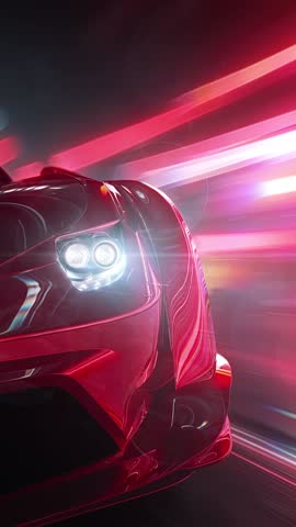 Close up of the headlights of a red sports car racing at high speed on neon highway. Power acceleration on a night track with colorful lights and lines. Concept of velocity and technology. 3d render	