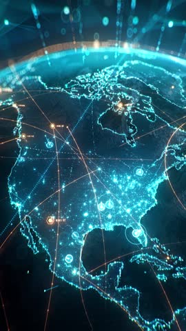 Futuristic digital globe of Earth with glowing data points network connections on a dark background. Worldwide links on planet earth at night. Concept of World communication technology. 3d animation