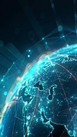 Futuristic digital globe of Earth with glowing data points network connections on a dark background. Worldwide links on planet earth at night. Concept of World communication technology. 3d animation