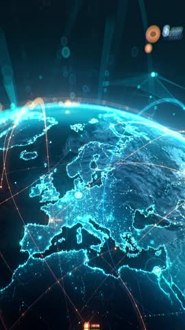 Futuristic digital globe of Earth with glowing data points network connections on a dark background. Worldwide links on planet earth at night. Concept of World communication technology. 3d animation