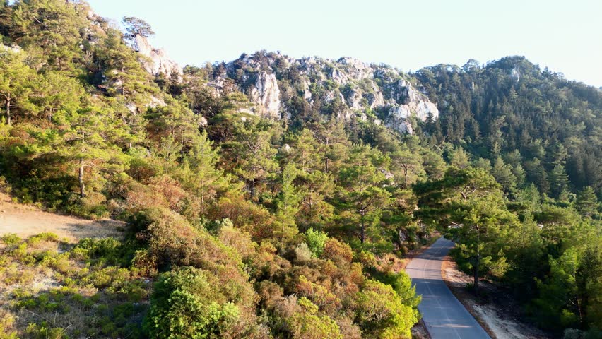 Aerial view of rocky mountain cliffs and pine forest in warm evening light, captured by drone in Iskele region, Northern Cyprus. Perfect for nature, travel, and landscape themes.