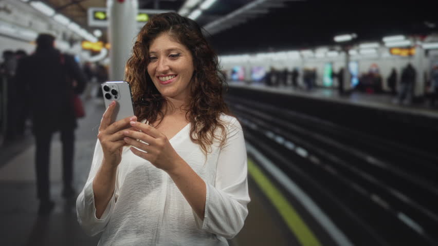 Woman holding smartphone with finger pointing to phone on platform in building; surprise excitement connectivity. - Powered by Shutterstock - Get 15% off with code: PIKWIZARD15