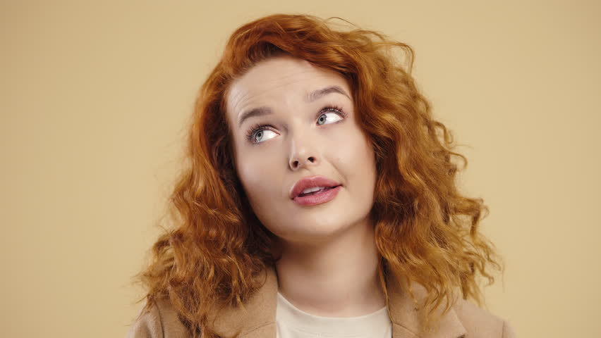 Bored Upset Ginger Woman Sighs, Rolling Eyes On Beige. Offended Lady, Come On