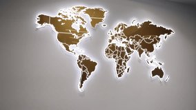 world map, glowing wall, artistic map. Modern wall-mounted world map made from metallic panels with glowing LED backlighting, used for stylish office or travel-themed decor. - Powered by Shutterstock - Get 15% off with code: PIKWIZARD15