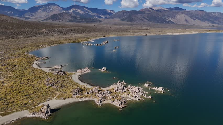 Aerial Drone Footage of Mono Lake California with Tufa Towers and Alkali Water