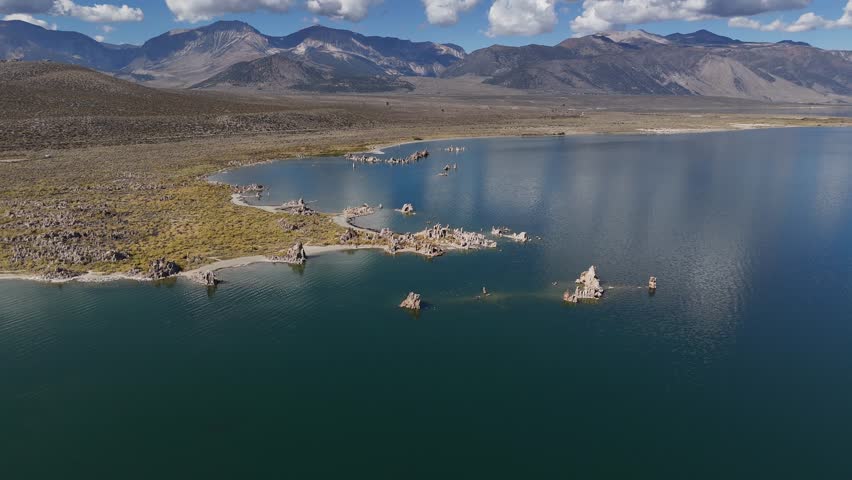 Aerial Drone Footage of Mono Lake California with Tufa Towers and Alkali Water