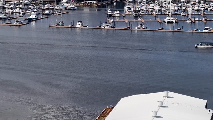 Baltimore Maryland USA - 8 25 2025: Aerial footage of office buildings and apartments along the Patapsco River in Baltimore Maryland USA