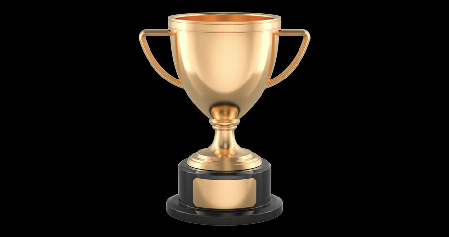Golden trophy cup with handles rotation animation, seamlessly loopable. 3D rendering isolated on transparent background