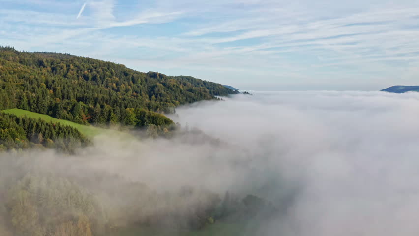 Peaceful Fog Over Lake Irrsee, Austria – 4K Aerial Drone Footage of Misty Hills and Mountains in Daylight