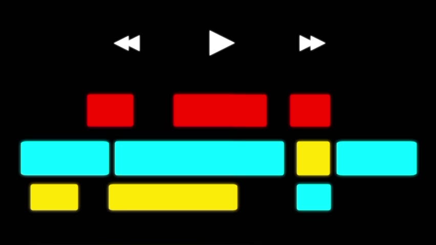 Vibrant animation of a video editing timeline with play, rewind, and forward icons. Colorful bars move dynamically, creating a seamless, modern, and cinematic digital media loop.