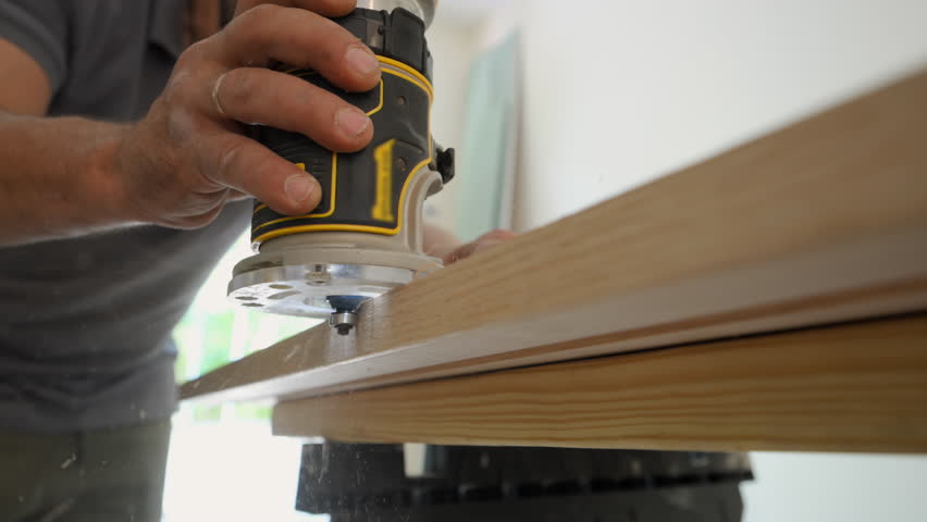 Woodworker using a trim router to shape and smooth the edge of a wooden board. The worker carefully guides the handheld power tool along the surface