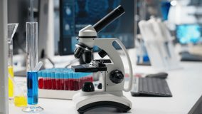 Computer monitor in biotechnology laboratory showing molecular model visualization and microscope on workbench. Bioengineering software on PC in medical lab displaying DNA data and optical device - Powered by Shutterstock - Get 15% off with code: PIKWIZARD15