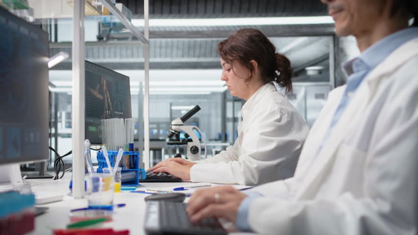 Nanotechnology researcher checking time, waiting to finish shift, processing patient data. Lab employee using PC to do genetic analysis diagnostics checking wrist watch clock, camera A - Powered by Shutterstock - Get 15% off with code: PIKWIZARD15
