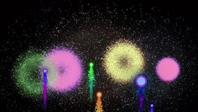 Vibrant digital fireworks bursting in the night sky. Multicolor particles and glowing explosions create a festive celebration background. Perfect for New Year, Diwali, Christmas, Independence Day. - Powered by Shutterstock - Get 15% off with code: PIKWIZARD15