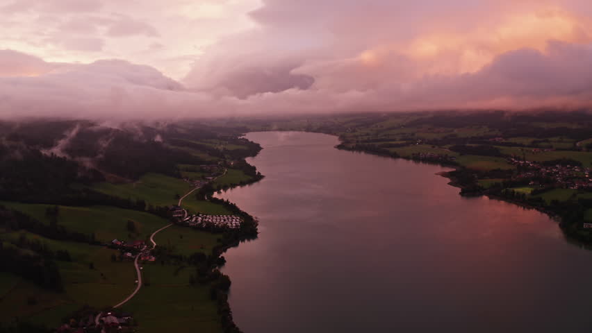 Magical Sunset Over Lake Mondsee and Irrsee, Austria – 4K Aerial Drone Footage with Fog, Rainbow, and Colorful Autumn Clouds