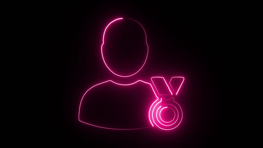 Dynamic neon silhouette of a champion winning a medal, perfect for awards achievements or performance videos. Evokes success, drive, and recognition in a modern style.